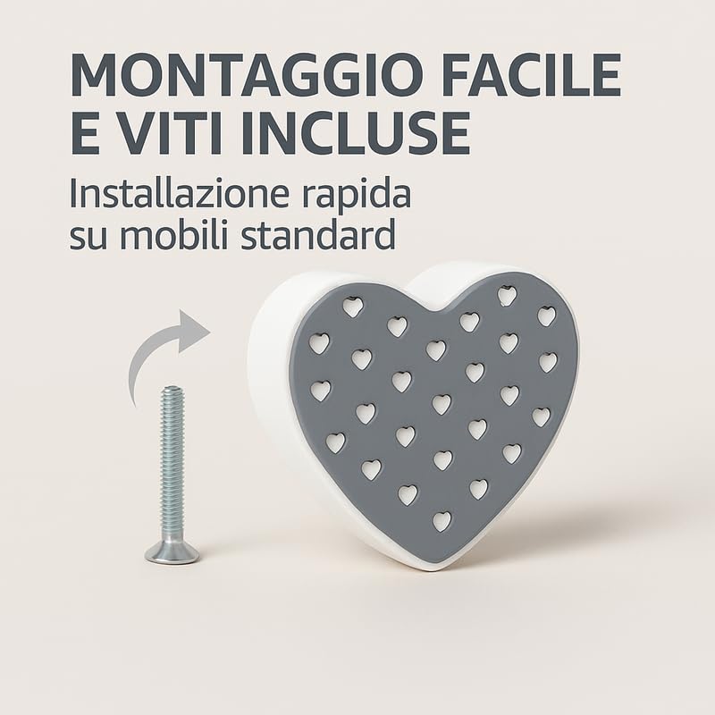 KIT 6 Pomoli in Legno a Forma di Cuore – Bianco e Tortora – Manopole per Camera Bambina, Cassetti e Armadi – Viti Incluse