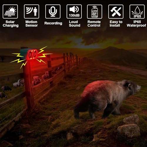 LAFEINA Solar Sound & Strobe Light Alarm Motion Sensor Siren, 13 Sounds & Recording, Dual Speaker 130dB Dog Barking Loud Noise Maker, Security Alert System for Home Farm Barn Villa Orchard (1 Pack) - Thumbnail 4