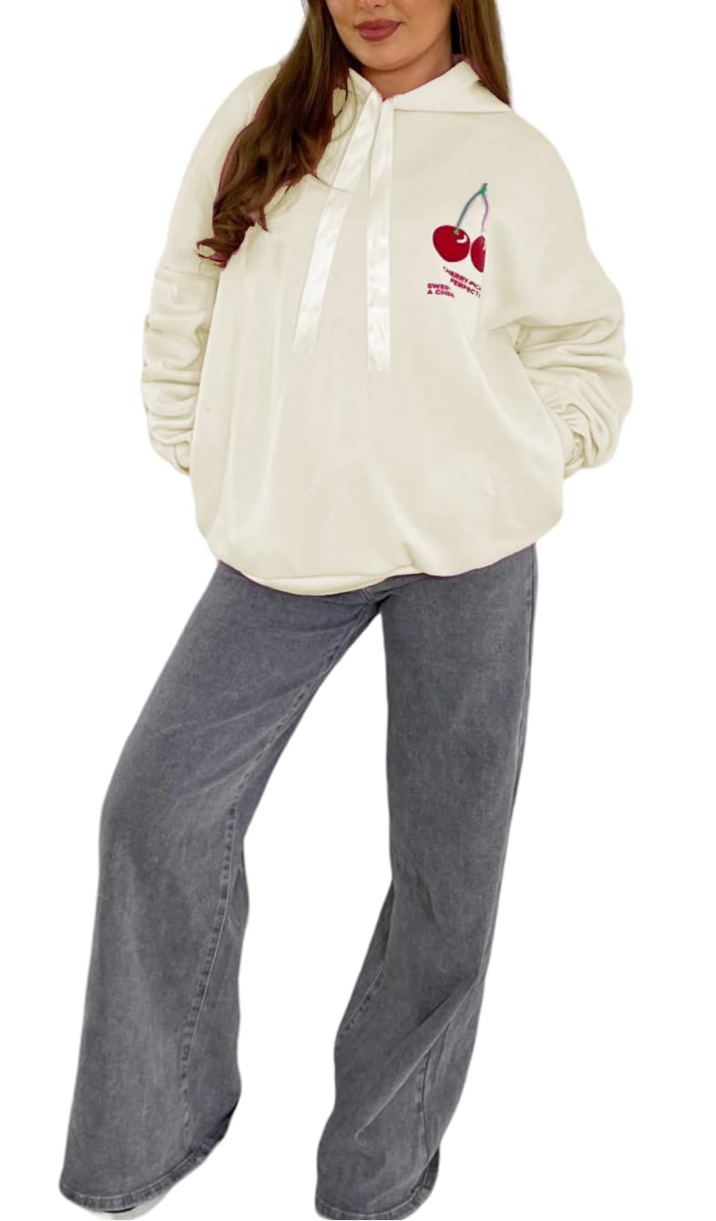 Fairy Trendz Women's Cream Ruched Sleeve Cherry Perfection Print Ribbon Hoodie Front Pockets Soft Warm Loose Fit Stretchy Stylish Winter Hooded Top