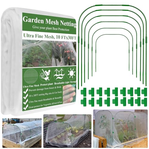 WYRJXYB Garden Mesh Netting Kit, 10 * 30FT Ultra Fine Netting Plant Covers with 6 Pcs Wide Garden Hoops & 18 Clip, Garden Netting Kit for Raised Beds Plants Greenhouse Row Cover Barrier Protection Net