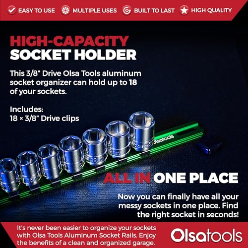 Olsa Tools Socket Organizer - 3/8-Inch Drive Green Holder - Stores 18 Chrome or Impact Sockets - Durable Rail Storage for Mechanics - Professional Grade Metric or SAE Socket Organizer - Part 1014