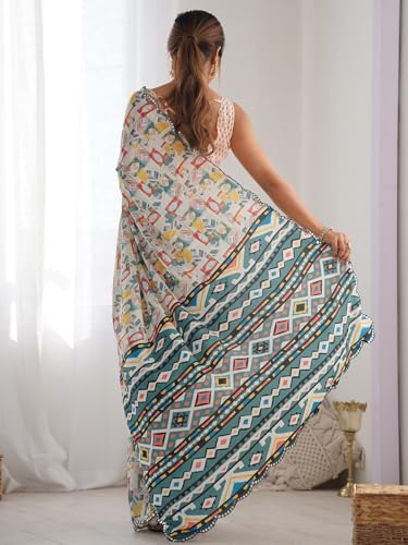 Image of Panzora Women's Chinon Printed Saree With Unstitched Blouse Piece