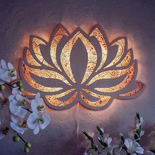 Flor de loto Mandala luz de yoga sala de arte ornamentos decorativos, mandala flor decoración de pared, yoga colgante arte de pared luz nocturna, geometría hecha a mano arte de pared de madera,