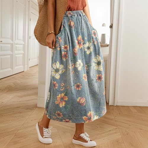 Women's Floral Denim Maxi Skirt Casual Loose Elastic High Waist A Line Long Jean Skirt with Pockets4
