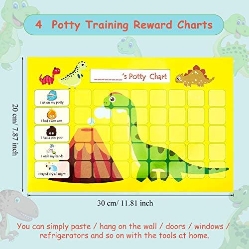 Outus 12 Pieces Potty Training Reward Chart Set Includes 4 Pieces Dinosaur Reward Charts, 6 Sheets 210 Pieces Potty Training Stickers and 2 Pieces Potty Badges for Boys Girls Toddlers