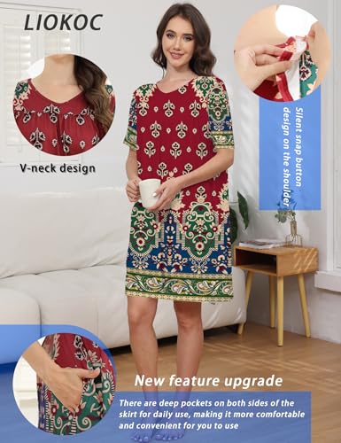 Image of Hospital Gowns for Women Open Back Tear Away Snap Post shoulder Dress Short Sleeve Soft Adaptive Clothing with Pockets