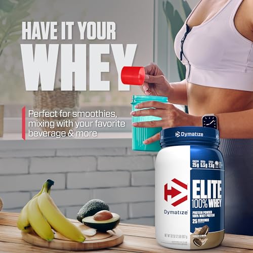 Image of Dymatize Elite 100% Whey Protein Powder, Cookies & Cream, 25g of Protein, 5.5g BCAAs, Less Than 140 Cal., Gluten Free, 3g Carb, 2g Sugar, 3g Fat (25 Servings)