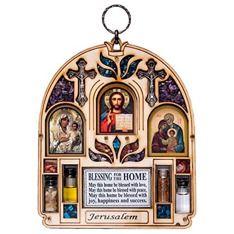 TALISMAN4U Catholic Home Blessing Wall Decor With Semi Precious Stones Holy Water & Soil Jesus Holy Family Jerusalem Virgin Mary Icon Cover