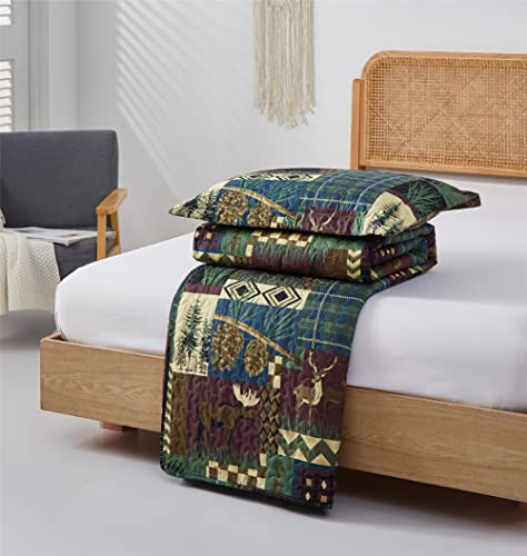 3 Piece Buffalo Plaid Black Red Moose Bear Reversible Quilt Set King,Rustic Home Lodge Cabin Lifestyle Moose Bear Pinetrees Bedspread Coverlet Bedding Set For All Season (King,Viridian) #TOP6