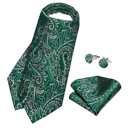 Image of DiBanGu Mens Silk Ascot Ties Paisley Jacquard Woven Cravat and Pocket Square Cufflinks with Lapel Pin for Business Wedding