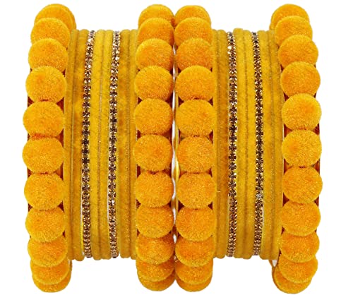 NMII Non-Precious Metal Base Metal with Zircon Gemstone and Velvet worked Glossy Finished Bangle Set For Women and Girls, (Yellow_2.6 Inches), Pack Of 20 Bangles Set