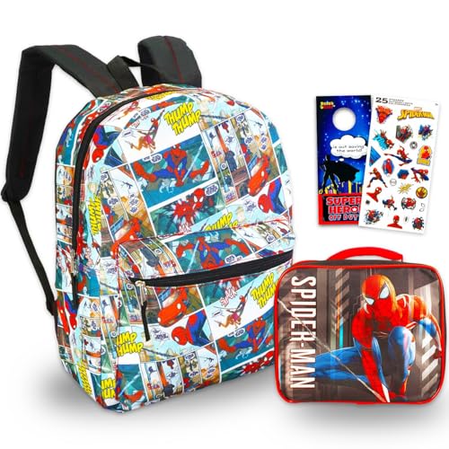 Marvel Spiderman Backpack with Lunch Box Set - Bundle with 16” Spider-Man Backpack & Lunch Bag, Stickers, More | Spiderman School Bag for Kids, Boys