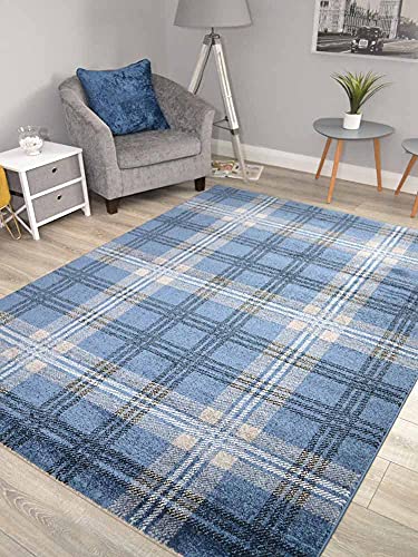 Modern Soft Denim Blue Tartan Highland Check Rugs (200cm x 300cm)