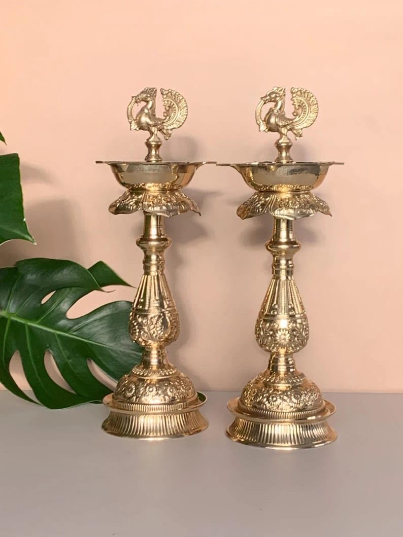 ReturnGift 100% Brass Mahalaxmi Diya Samai Traditional Brass Kerala Annapakshi Kuthu Vilakku Oil Lamps, 11''inch 27cms Tall, Peacock Design, Set of 2, Golden-image-43