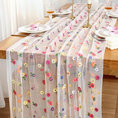 Tüll Stickerei Tischläufer Weiß 72X300cm Käsetuch Tischläufer Chiffon Blumen Tisch Dekoration Gaze Käsetuch Tischdecke Gänseblümchen Table Runner Küche Drinnen Party Geburtstag Tischdeko