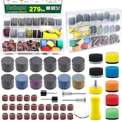 Tanbupu 279PCS 1 Inch Dry/Wet Sanding Discs & Drums for Dremel Sanding Bits, 60-10000 Grit Hook and Loop Sandpaper for Dremel Tool Accessories, Dremel Polishing Kit for Resin/Wood/Rock/Jewelry