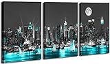 Black and Aquamarine Wall Art Canvas New York City Night Scenes Sailboat Modern Cityscape Building Artwork Picture Painting for Bedroom Home Office Living Room Decor 12”x16“