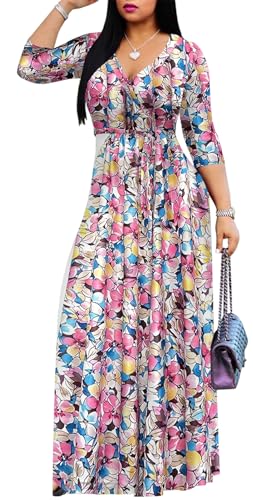 Image of Women's Floral Maxi Dress Summer Casual V-Neck 3 /4 Sleeve Long Bohemian Print Evening Party Dress