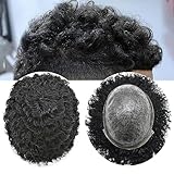 Afro Curl Toupee for Black Men Full Poly African American Human Hair System All Injected PU Hairpiece Replacement Skin Kinky Curly Mens Wig Regular Size (12MM Afro Wave, 1B# Natural Black)