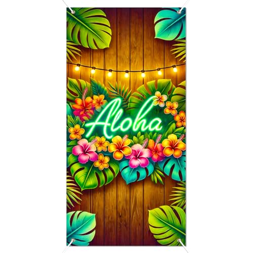 Image of BlissYard Aloha Door Cover Tiki Wall Hanging Door Banner for Summer Aloha Luau Party Front Door Banner Porch Sign for Decorations Hawaiian Luau Party Supplies Photo Backdrop 35.4 x 70.9 Inch