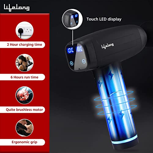 Image of Lifelong Gun Massager | Percussion for Full Body Pain Relief | 6 Heads | LED Touch | 30 Speed Levels | 1 Year Warranty (LLGM09, Black)