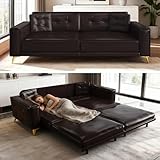 Skipity Sigmo 92' King Pull Out Sofa Bed, PU Leather Convertible Sleeper Couch with Tufted Design, Oversized 4-Seater Modern Mid Century Sectional Couch for Living Room, Small Spaces, Dark Brown
