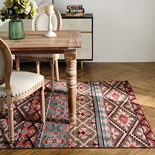 Ingeroom Washable Rug For Living Room Bedroom Vintage Area Rugs Boho Machine Washable Rug Non-Slip Prisian Carpet Rugs Home Decor, 4'X6' Ares Rugs, (Multi-Red) #TOP1