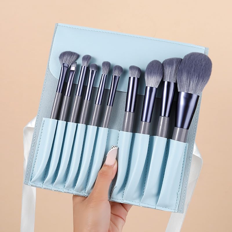 10pcs Makeup Brush Set Soft Hair Eyeshadow Brushes for Loose Powder Blush Concealer (Purple and Blue Bag)