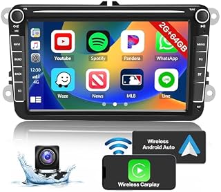 [2+64G] Hikity 8 Inch Android Car Stereo Built-in Wireless Apple Carplay for VW Golf 5 Polo T5 Tiguan Caddy Seat Skoda Touch Screen Car Radio with Sat Nav Bluetooth HiFi FM RDS WiFi+Canbus+Reverse Cam
