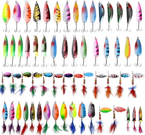 60PCS Swimming Jigging Fishing Spinners Spinning Spoons,Rooster Tails Fishing Lures with Flash Copper Body Blade Bait for Bass Walleye Trout Saltwater Freshwater Fishing