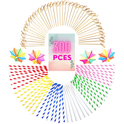 Kit de Décorations Fête Cocktails Bar 300 pièces 100 chaque, Pics pour Verre Apéritif, Parapluies Papier, Bâtons Agitateurs, Bambou Nouées Accessoires décoratifs, Pailles en papier Boissons