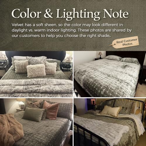 Image of Grassix Velvet Quilt Set King Size, Luxury Geometric Design, Olive Green | Lightweight Velvet Comforter with 2 Pillow Shams, Soft Bedspread Coverlet, Quilted Bedding Set for All Seasons, 108 inchx96 inch