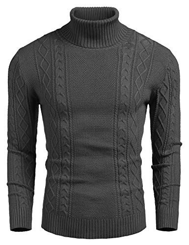 COOFANDY Men's Slim fit Turtleneck Sweater Casual Cable Knitted Pullover Sweaters Dark Gray