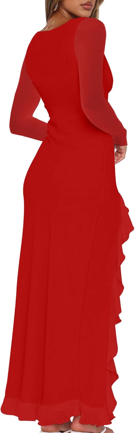 Mokoru Women Sexy V Neck Long Sleeve Mesh Bodycon Ruffle Hem Split Cocktail Party Maxi Dresses - Image 4