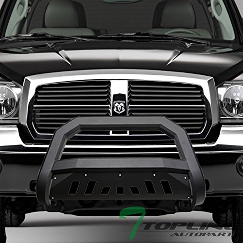 Matte Black AVT Style Bull Bar Brush Push Front Bumper Grill Grille Guard with Skid Plate Compatible with 05-11 Dodge Dakota / 06-09 Mitsubishi Raider