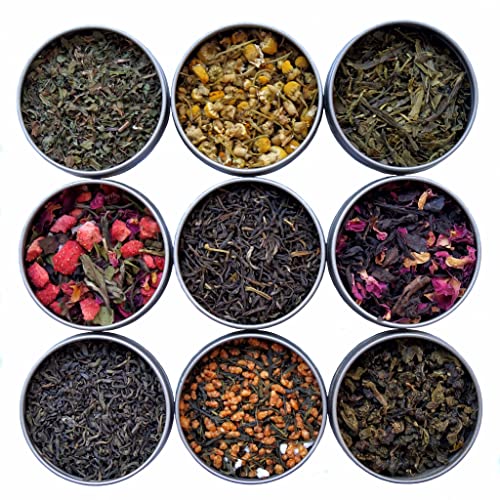 Heavenly Tea Leaves 9 Flavor Variety Pack, Tea Sampler Set, 9 Loose Leaf Teas & Herbal Tisanes (Approx. 90 Cups) - Assortment of Green Tea, Herbal Tea, Black Tea, & White Tea
