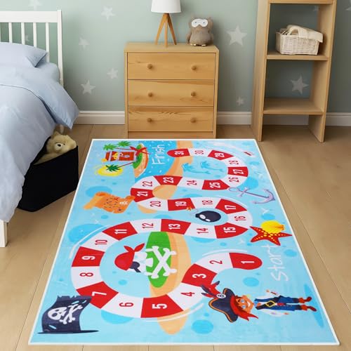 Image of Story@Home Kids Play Mat Carpet 3x5 ft | Anti-Skid Rug for Playroom | Sea Pirates Theme | Super Soft Polyester Floor Mat for Boys & Girls | Sky Blue Crawl & Play Carpet
