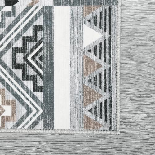 2x6 Washable Runner Rugs for Living Room, Tribal Geometric Distressed Vintage Area Rug for Bedroom Patchwork Office Carpet, Soft Low Pile Neutral Rug Non Slip, Grey