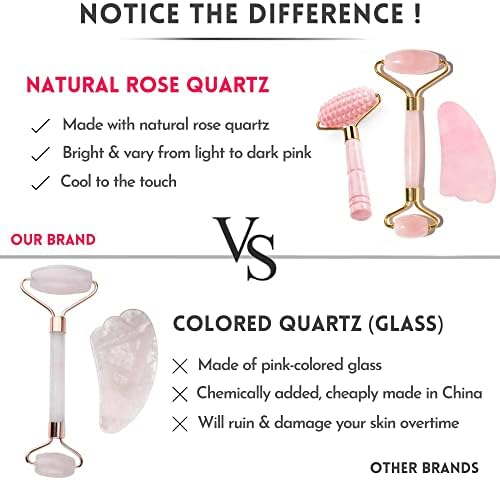 Pink Jade Roller and Gua Sha Set. Rose Quartz Roller with Eye Massager, Rose Quartz Gua Sha, Ridged Face Massage Tool, Real Rose Quartz Crystals 100% Pink Jade Stone Roller, Warm / Ice Roller Face