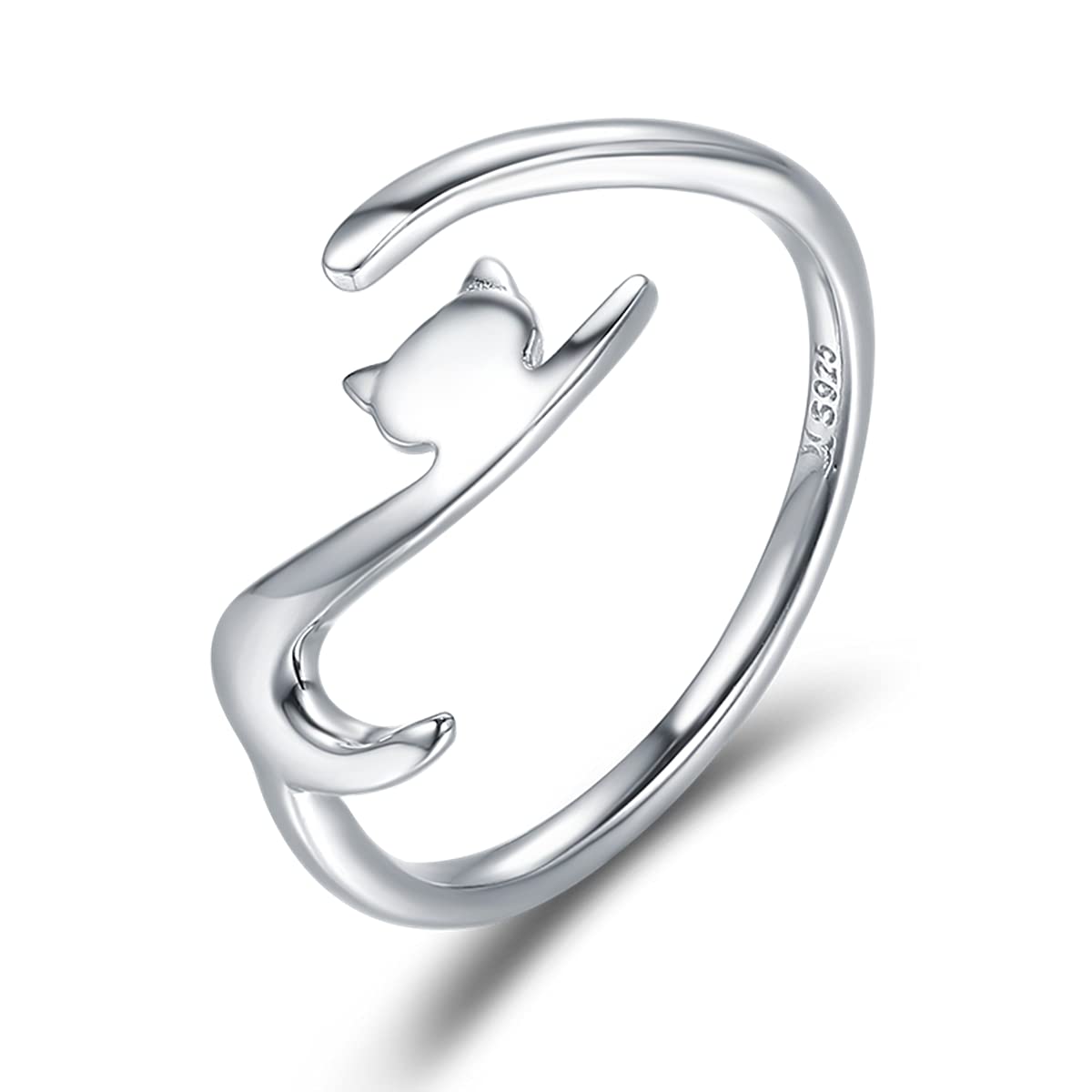 RUKYFSterling Silver Cat Ring - Adjustable, Dainty, Stackable, Gifts for Cat Lovers