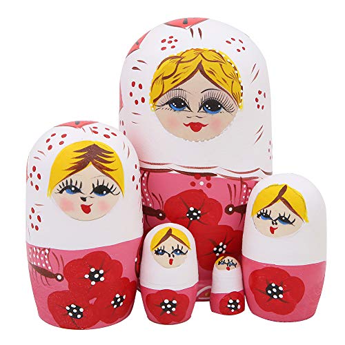 Matrjoschka-Puppen im rustikalen Stil, rote, rosafarbene Matroschka-Puppen, Holz-Stapelspielzeug, handgefertigtes Geschenk, Holzpuppen, Kindergeschenk, Kinderzimmer-Dekoration, 5 Stück