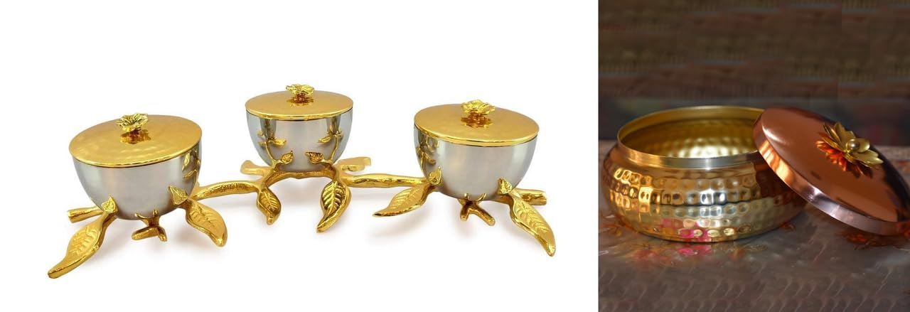 Decorative Container with Beautiful Golden Leaves for Home Decor and Lotus Flower Metal Copper Brass Finish Box Vase for Display, Home Decor Gift