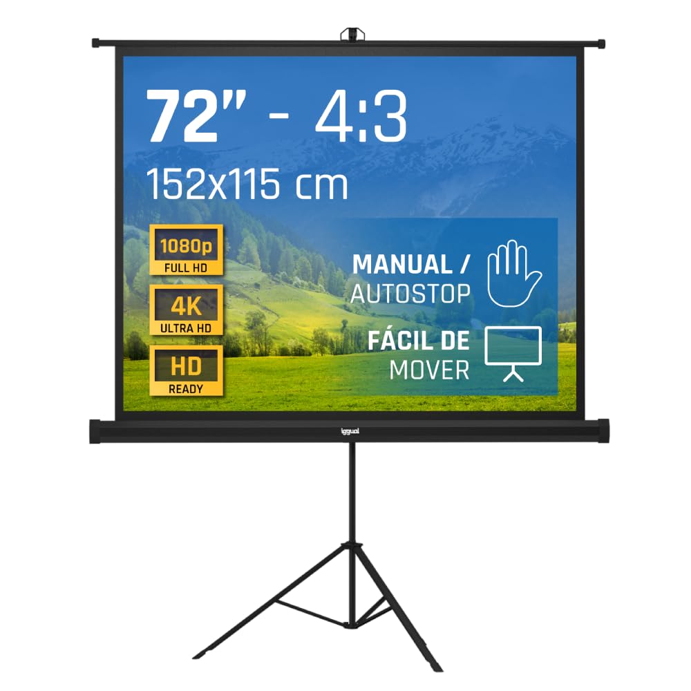 iggual Pantalla de Proyección 72” con Trípode de Acero - Enrollable Manual- Portátil con Bolsa- 4:3- Tela Blanca Mate de 4 Capas y Trasera Negra- Auto-Stop Ajustable- Compatible 4K Full HD (152x115cm)