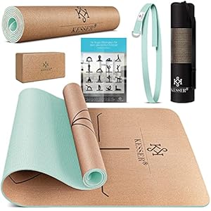 KESSER® Yogamat, kurk, incl. draagriem, tas en yogablok, gymnastiekmat, yogamat, antislip, van natuurlijk rubber, TPE, fitnessmat, 183 x 62, trainingsmat voor fitness, sportmat, gymnastiek, extra dik