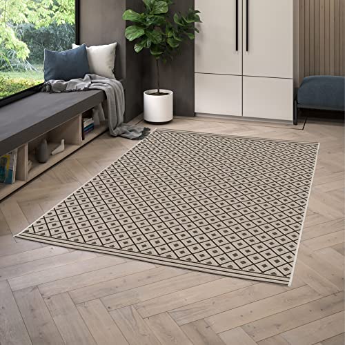 BALTA Tapis Exterieur, Tapis Tissé Plat idéal pour l'Extérieur sur la Terrasse ou à l'Intérieur dans Un Salon - Chambre, Tissage Mécanique Style géométrique, Polypropylène, 120 x 170 cm, Gris - Noir