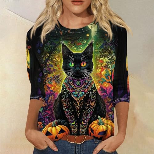 Cute Funny Halloween Shirts for Women Plus Size 3/4 Length Long Sleeve Womens Tops Witch Gothic Renaissance Shirt