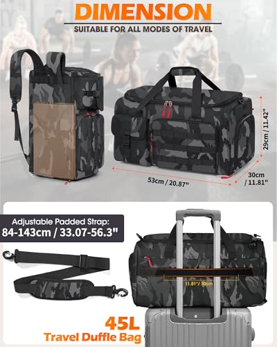 RAINSMORE Gym Bag for Men, 45L Sports Travel Duffel Bag with Shoe & Laptop Compartment, Gym Workout Backpack Carry On Weekender Bag Overnight Backpack for Travel, Black Camo3