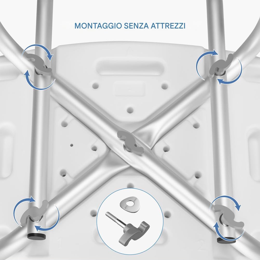 BAKAJI Taburete de ducha con respaldo para personas mayores, discapacitados y personas con movilidad reducida, estructura de aluminio antideslizante, silla orificios de drenaje y altura ajustable