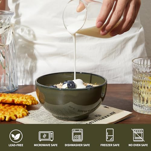 Image of Pokini 5.3 inch Stoneware Cereal Bowls Set of 6, 22 Oz Soup Bowls Set | Reactive Glaze Cereal Bowls Set for Cereal Soup Snacks, Kitchen Bowls for Meal, Dishwasher & Microwave Safe, Blackish Green