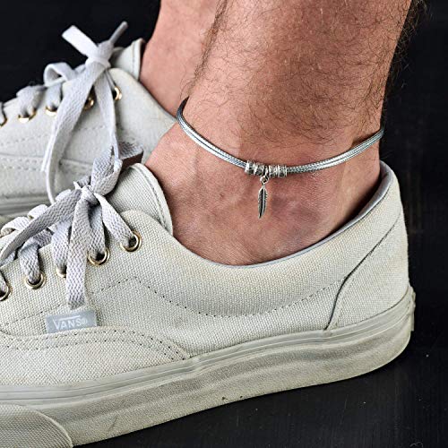 Handmade Gray Anklet For Men Set With Silver Plated Feather Pendant By Galis Jewelry - Ankle Bracelet For Men - Feather Anklet For Men #TOP3